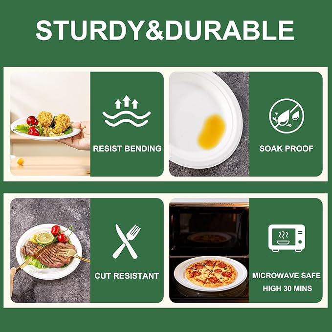 DaYammi 100% Compostable Paper Plates 7 Inch, 60-Pack Heavy Duty Paper Plates Bulk,Biodegradable Bagasse,Eco-Friendly Disposable Dessert Plate for BBQ,Picnic,Party (BPI Certified,Microwaveable)