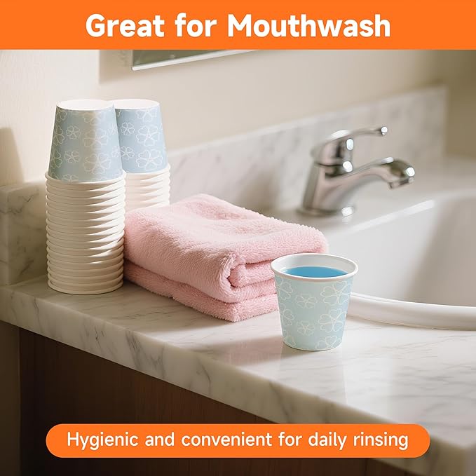 600 Pack 3 oz Bathroom Cups, Disposable Paper Cups with Rolled Rim, Small Paper Mouthwash Cup for Guest Bathrooms, Vanity & Office Use, Mist blue