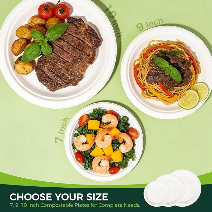 100% Compostable 9 inch Paper Plates, [125-Pack] Disposable Party Plates, (BPI Certified)-Heavy Duty, Eco-Friendly Dinner Paper Plates, Biodegradable Sugarcane Plates, white