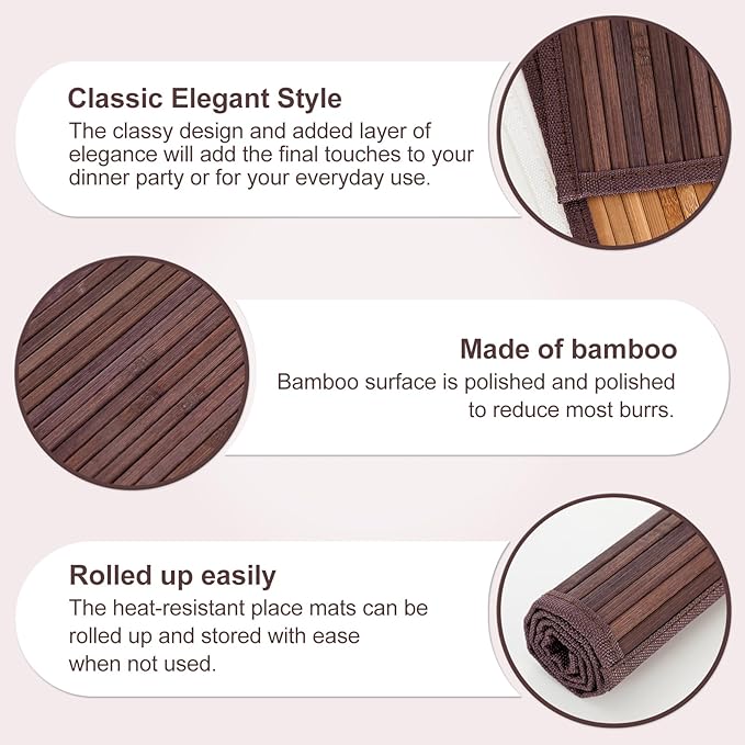 Bamboo Placemats with Fabric Border Set of 4 Natural Bamboo Rectangular Rolling Table Mats for Dining Kitchen Table Heat Resistant Table Protection Dark Brown