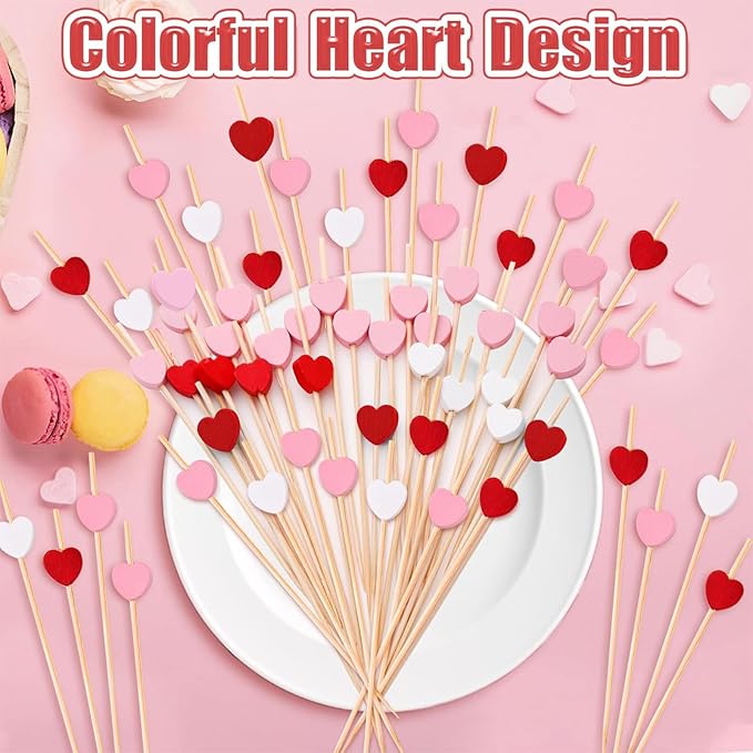 120 PCS Pink Love Heart Shaped Cocktail Picks, 4.7Inch Bamboo Fancy Toothpicks for Appetizers, Cocktail Skewers Sticks Selected for Weddings, Valentines Day, Desserts, Charcuterie, Food, Drinks