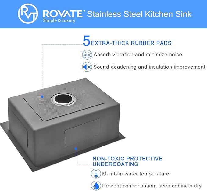 ROVATE 20 x 16 inch Drop-in Kitchen Sink Single Bowl, Topmount Kitchen Sink Handmade, 304 Stainless Steel Overmount Kitchen or Bar Sink with Basket Strainer, 20 x 16 x 9 inch