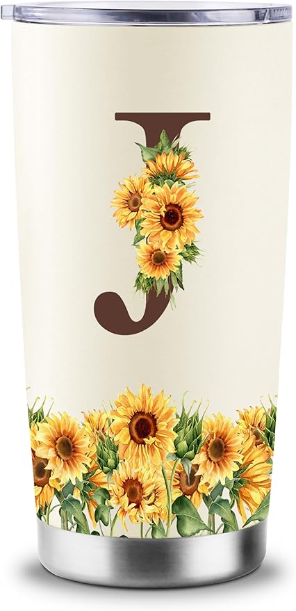 Sunflower Gifts for Women - Personalized Christmas Gifts for Women - Birthday Gift for Woman - Mothers Day Gift for Mom - Monogrammed, Initial 20oz Travel Cup Insulated Tumbler with Lid, J