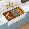 Sarlai White Farmhouse Sink - 33 Inch Farm Kitchen Sink Undermount Workstation Apron Front Reversible Ceramic Fireclay Single Bowl Farmer Sinks Basin 33 x 20 Inch With Gold Accessories