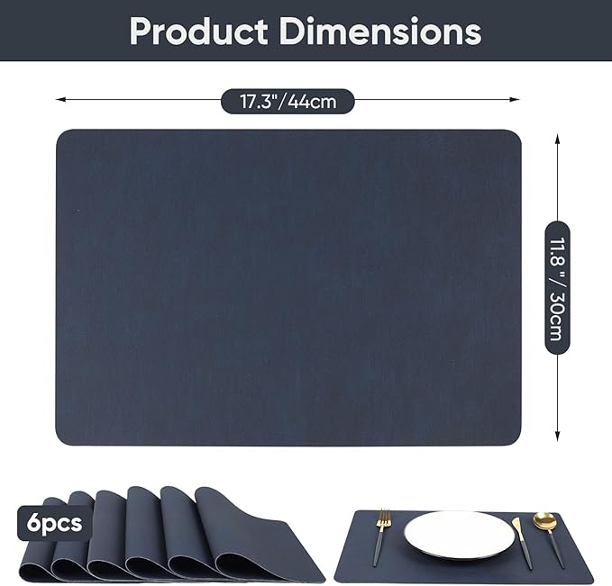 Dark Blue Reversible Faux Leather Placemats – Set of 6 Waterproof, Heat-Resistant & Easy-to-Clean Table Mats for Modern Dining