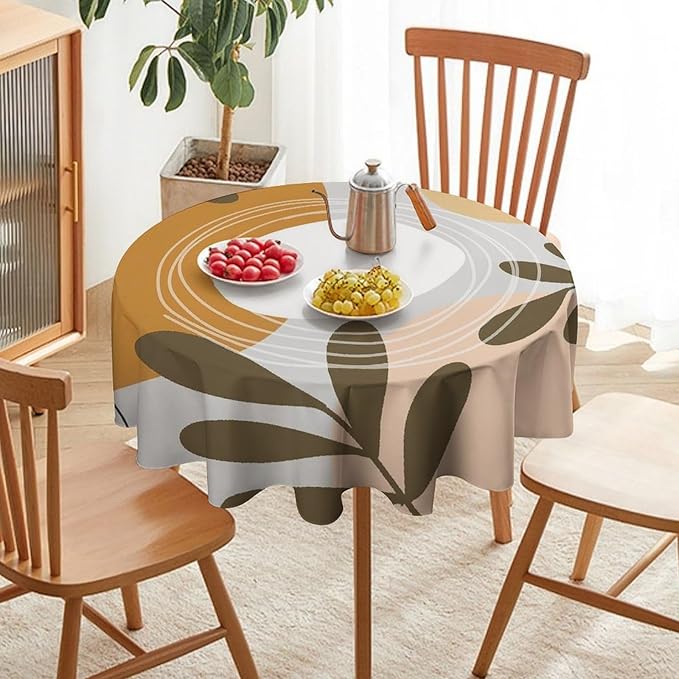 Boho Mid Century Round Tablecloth, Bohemian Abstract Modern Leaves Tablecloth for Home Party Dining Room Kitchen Decor 70Inch(178cm)