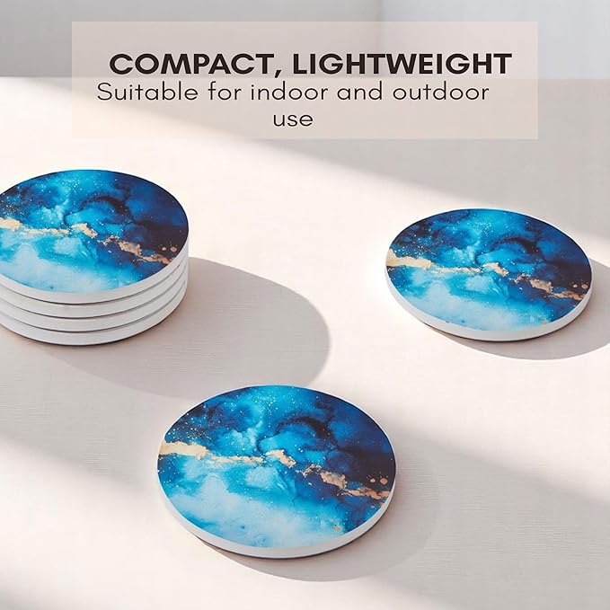 Ceramic Absorbent Coasters Set of 6 with Holder, Drink Coasters for Coffee Table, Kitchen & Home Decor, Cute Round Ceramic Coasters, Alternative to Silicone, Cork or Glass (Sapphire)
