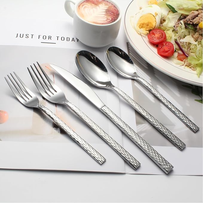 Hammered Silverware Set for 4, 20-Piece Stainless Steel Flatware Cutlery Set, Includes Dinner Knives,Dinner Forks, Tea Spoons, Dinner Spoons, Salad forks, Mirror Polished - Dishwasher Safe