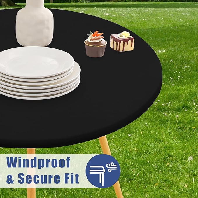 Round Spandex Tablecloth, Elastic Fitted Waterproof Tablecloths for 25"-30" Tables, Stretch Washable Picnic Table Cover for Camping, Dining, Indoor and Outdoor, Black