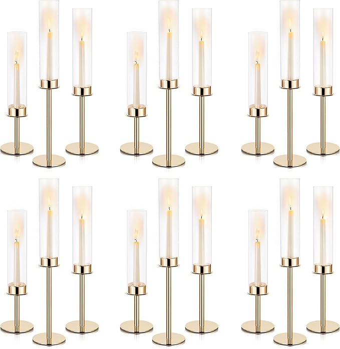 Hurricane Candle Holders Metal Candlestick Holder for Glass Taper Tall Candle Holders with Crystal Chimney Tube Candles Stands for Home Decor, Christmas, Dinning (18, Gold)