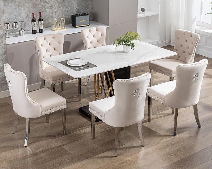 KCC Velvet Dining Chairs Set of 6, Upholstered High-end Tufted Dining Room Chair with Nailhead Back Ring Pull Trim Stainless Steel Legs, Contemporary Nikki Collection Modern Style for Kitchen, Beige