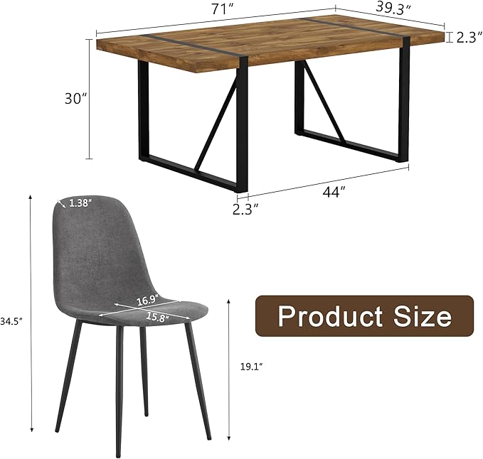 Dining Table Set for 6, Modern 71'' Dark Wood Dining Table and Fabric Dining Chairs Set of 6,Table and Chairs Set of 6,Ideal for Kitchen Dining Room