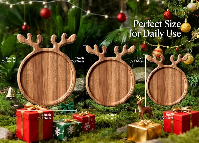 Acacia Wood Christmas Serving Platter with Antler Handle, 8"×10" Round Wooden Food Dish Plate, Decorative Charcuterie Board for Cheese Bread, Christmas Platter for Housewarming Decro Wedding
