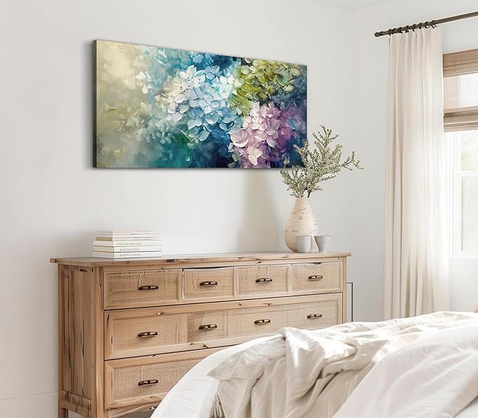 ADJUVANT Wall Art Impressionist Colorful Hydrangea 60" L x 30" W, Vibrant Hydrangea Blooms Canvas Painting Lush Petals Artwork Prints Floral Wall Decor for Living Room Bedroom Dining Room Home Office