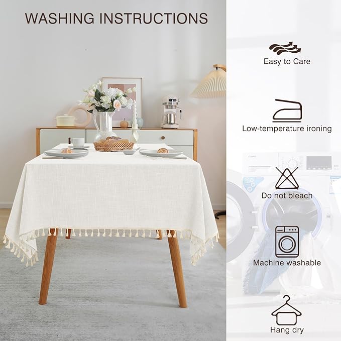 JIALE Textured Tablecloths, Heavy Duty Cotton Linen Farmhouse Table Cloth Rectangle Table, Waterproof Wrinkle-Free Rectangle Tablecloth for Kitchen, Dining, Parties, 55"x75", Ivory