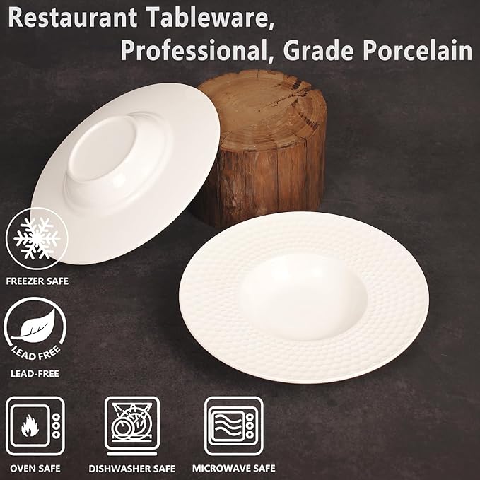 Creative home decor ceramic wide-rimmed soup bowls/plates, 5.3 oz pasta bowl set of 4, white embossed bowls and plates with rims, perfect for upscale restaurants, hotels and gourmets.