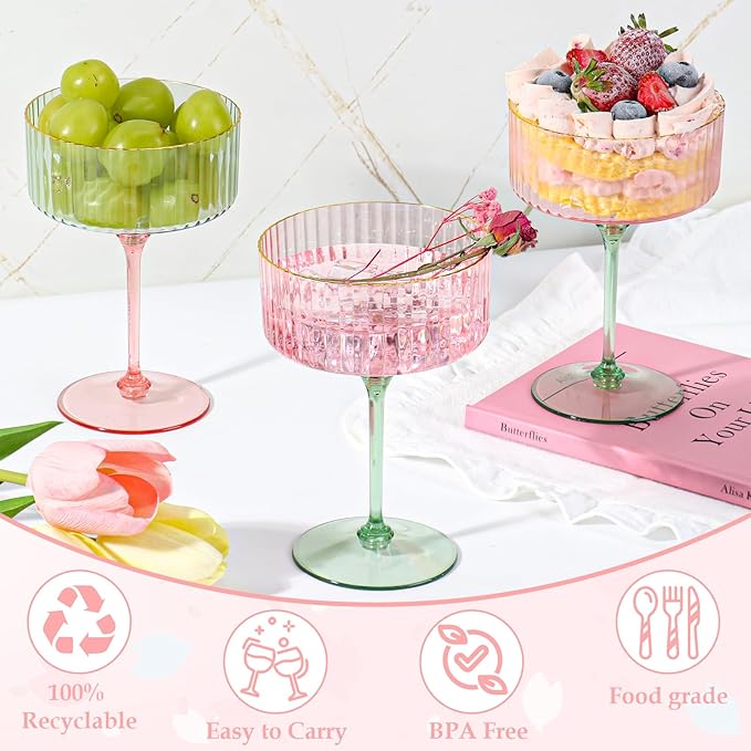 XUWAIDSGN 24Pcs Champagne Martini Glasses 9 Oz with Gilded Removable Gold Rim Coupe Glasses Pink Martini Glasses Plastic Mimosa Vintage Coupe Glasses Set For Wedding Anniversary (24, Pink & Green)
