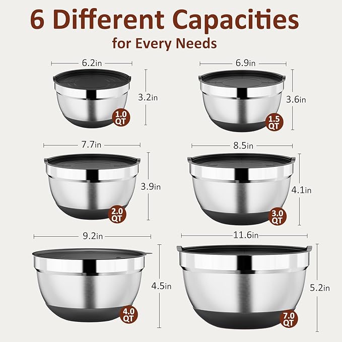 9 Pack Mixing Bowls with Airtight Lids Set, Stainless Steel Mixing Bowls with Grater Attachments, Nesting Kitchen Bowl Set with Non-Silp Bases, Size 7, 4, 3, 2, 1.5,1QT, Black