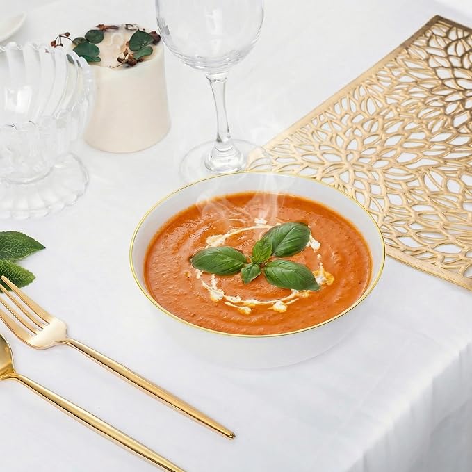 I00000 50 Pack White Plastic Bowls with Gold Rim,16 oz Disposable Soup Bowls,Premium Heavy Plastic Serving Bowls Ideal for Wedding & Party