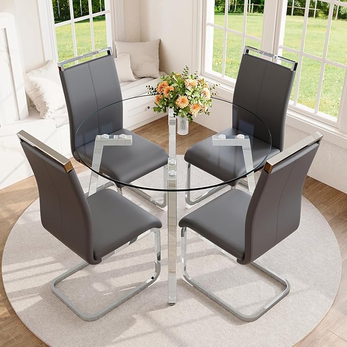 42" Round Glass Dining Table Set for 4,Modern Breakfast Table Set for 4 with Silver Chrome Legs,Space Saving Kitchen Table and Grey Chairs for Apartment,Easy Assembly