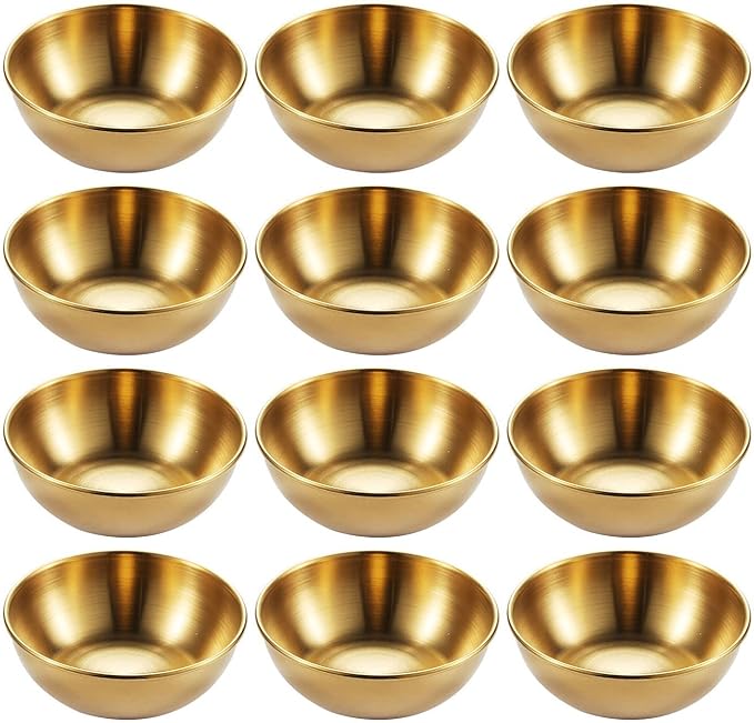 Sauce Dishes 12PCS 3.46inch Stainless Steel Sauce Bowl Mini Individual Round Seasoning Dishes Sushi Dipping Bowl Appetizer Plates (Gold)