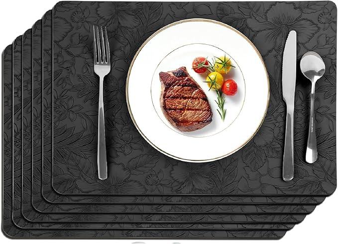 SolaraDawn Faux Leather Table Placemats Set of 6, Washable, Wipeable & Heat-Resistant Table Mats, Waterproof Dining Place Mats with Embossed Texture for Kitchen & Dining, Black, 17" × 12"
