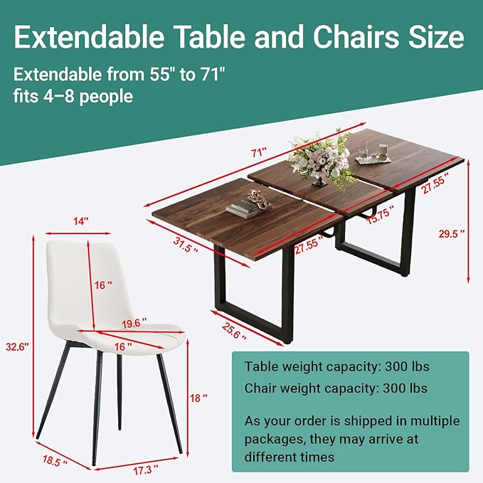 Extendable Dining Table Set for 8, 55"–71" Modern Wood Kitchen Table with 8 Upholstered Chairs, Space-Saving for Living Room Apartment, Sturdy & Comfortable, Easy Assembly