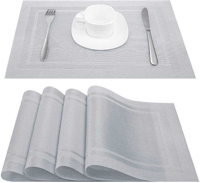 DACHUI Placemats Set of 6, Linen Look Woven Place Mats, Water Resistant, Heat Resistant, Washable, Durable Table Mats (Silver)