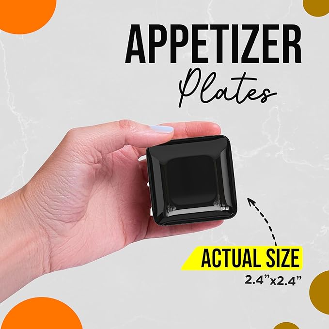 Exquisite Tiny Mini Dessert Plates - 120 Pack 2.4 In. x 2.4 In. Black Disposable Appetizer Plates - Small Plastic BPA Free for Weddings