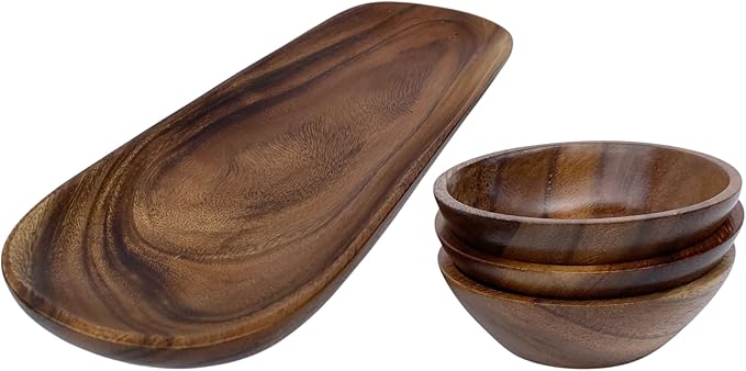 Acacia Wooden Calabash Bowls with Baguette Tray, 4-Piece Set: Three 4.25" Dip Bowls and 13.5" Bread Tray, Rustic Handcrafted Appetizer & Condiment Set