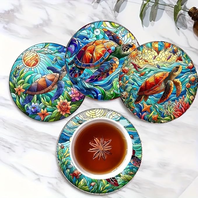 Coasters Set of 8, Wood Coasters for Drinks - Handcrafted Turtle Design Thick Heat-Resistant for Beer, Coffee, Office, Bar, Farmhouse Home Decor, Tabletop Protection, for All Cups