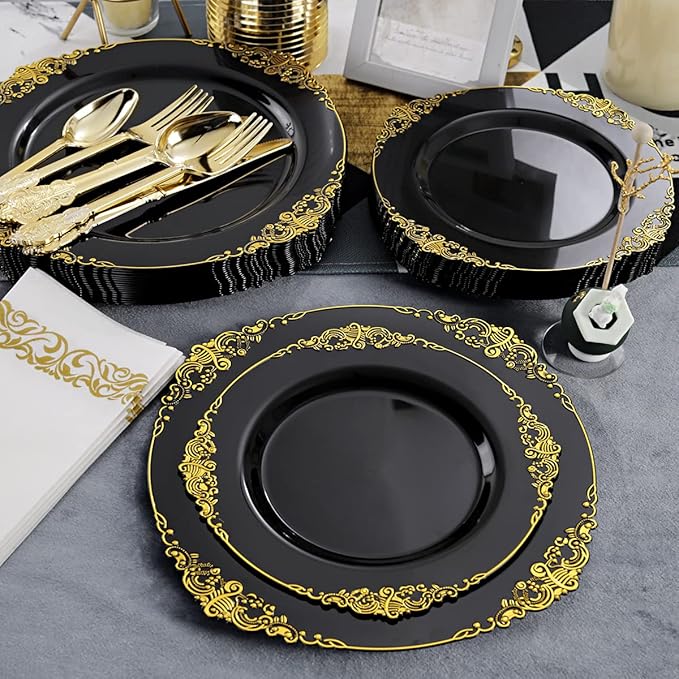 Hioasis 350pcs Black and Gold Plates - Black Party Plates for 50 Guest, Include 100 Heavy-duty Plates(20% Thicker Than Standard), 50 Pre Rolled Gold Plastic Silverware Set, 50 Cups