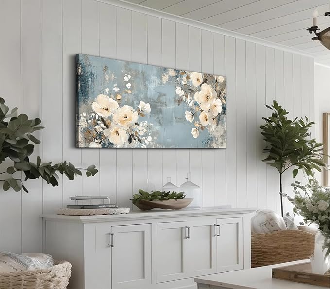 ADJUVANT Wall Art Vintage Floral 60" L x 30" W, Creamy Flowers On Distressed Blue Background Canvas Painting Blossoms Artwork Prints Floral Wall Decor for Living Room Bedroom Dining Room Home Office