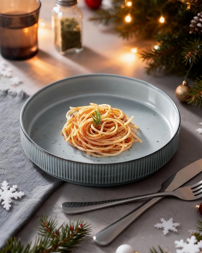 famiware Star 7.5" Pasta Bowls Set, Salad Bowl Set of 4, Double Reactive Glaze, Stackable, Ideal for Your Friend for Housewarming, Festivals, Smoky Blue