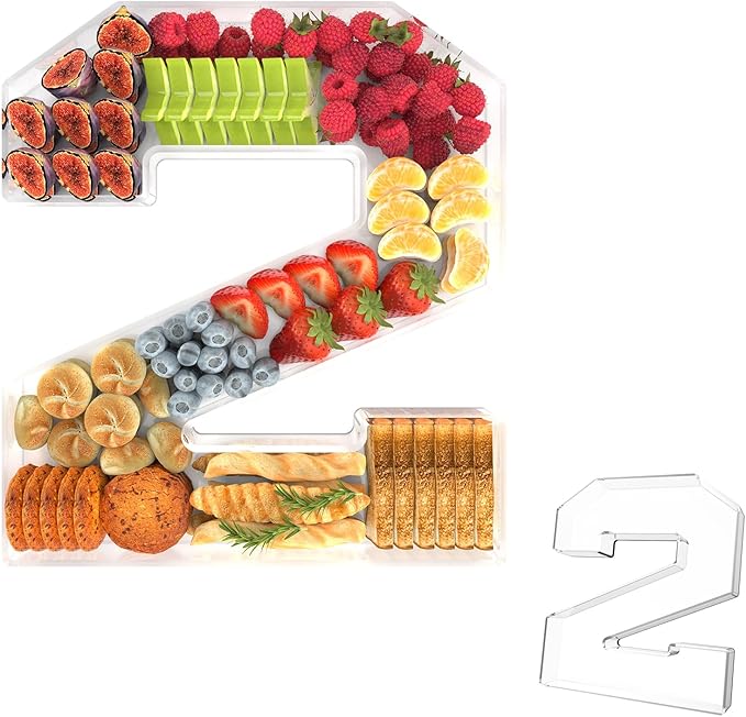13.8" Acrylic Number Charcuterie Tray, Fillable Number Charcuterie Box for Food, Reusable Serving Cake Candy Dish Display Tray for Birthday Anniversary Party Decoration (Square Number 2)
