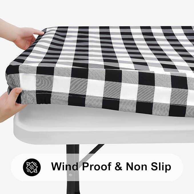 Smiry Rectangle Picnic Table Cloth, Elastic Waterproof Fitted Vinyl Tablecloths, Flannel Backed Buffalo Plaid Table Covers for Dining, Camping, Outdoor (Black and White, 36" x 60")