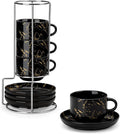 MALACASA 4 OZ Porcelain Espresso Cups with Saucers and Metal Stand Set of 4, Stackable Cappuccino Cups, Marble Black Expresso Shots Cup Set for Coffee Drinks, Latte, Tea