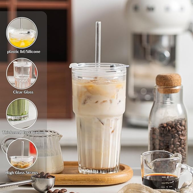 INSETLAN 20 oz Clear Glass Tumbler Set with Lids and Straws – 4-Pack Iced Coffee Cups with Glass Straws & Brushes, Reusable Drinking Glasses for Smoothies, Tea, Juice, Beer, Cold Beverages