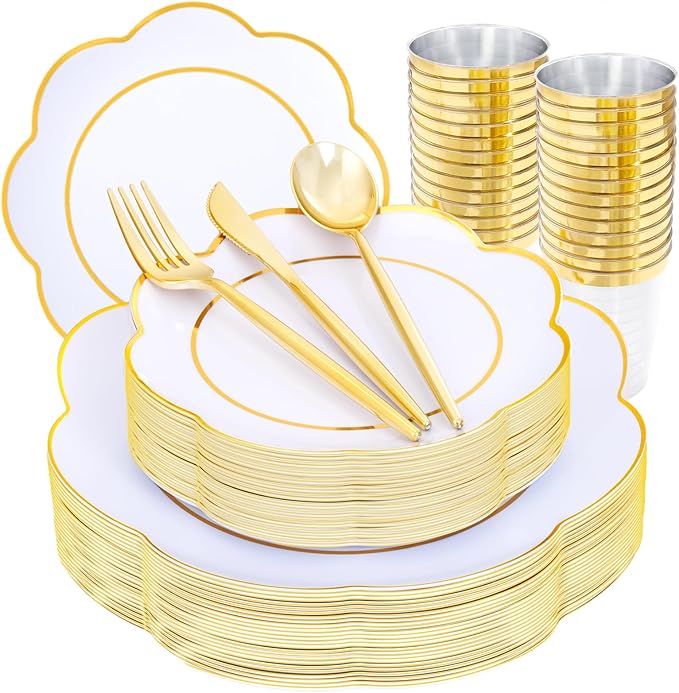 EI 180pcs White Plastic Plates with Gold Plastic Silverware,Heavy-Duty Disposable Plates for Party,White Dinnerware Set for 30 Guest Wedding,Afternoon Tea,Spring,Mother's/Valentine's Day