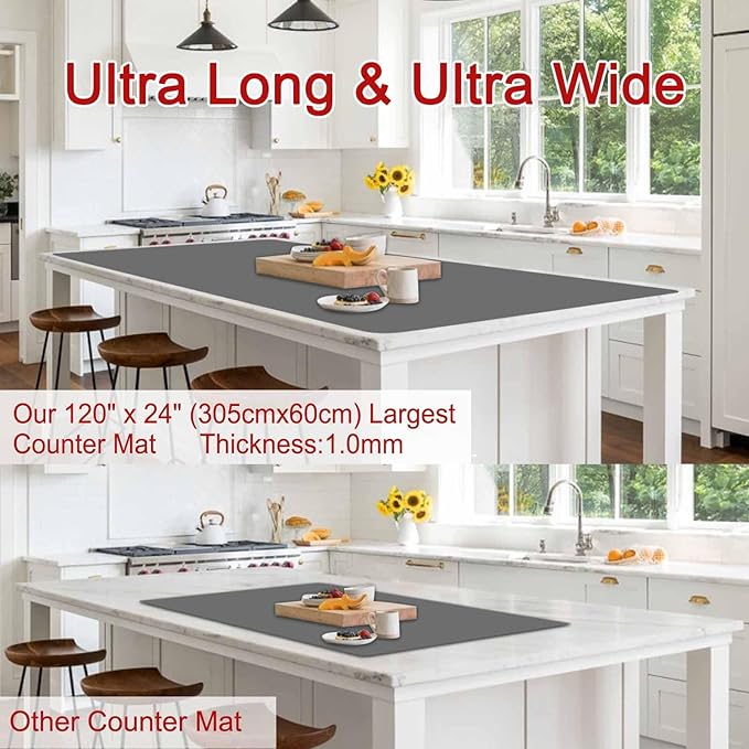 Largest Silicone Mats for Kitchen Counter, 120" x 24" Extra Large Heat Resistant Counter Mat, Kitchen Island Waterproof Thicken Non-slip Countertop Protector Mat, Multipurpose Mats, Black