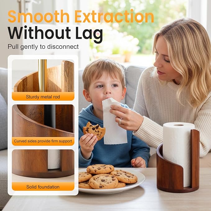 Mountain Paper Towel Holder Countertop, 2026 Upgrade 100% Natural Mango Wood Round Base and Iron Holder, Wooden Paper Towel Holder for Kitchen Roll Organize Dining Table Home Decor (White)