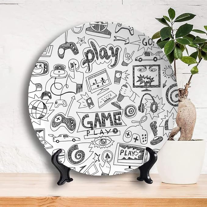 Decorative Plates, Video Games Print Ornament, Monochrome Sketch Style Gaming Design Racing, 10 Inch, Kitchen Wall Decor, White Black