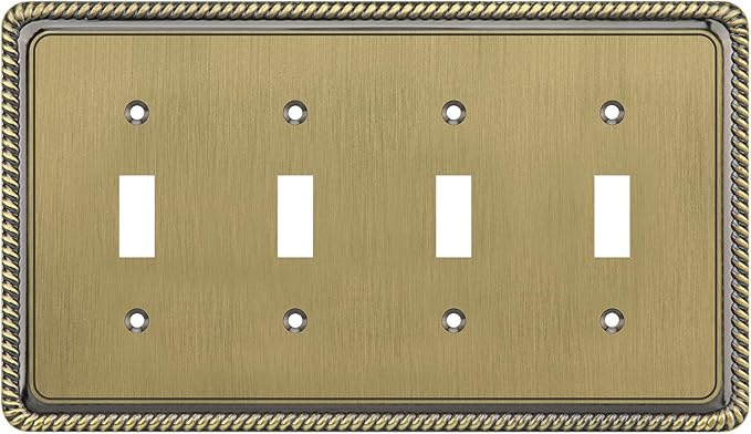 Henne Bery Rope Edge Decorative Wall Plate Switch Plate Outlet Cover (Quad Toggle, Antique Brass)
