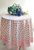 ATOSII Gulbahar White Pink 100% Cotton Spring Summer Round Tablecloth, Block Print Table Cloth for Dining, Weddings, Outdoors, Parties, Grand Millenial Home Decor 90" Inches I