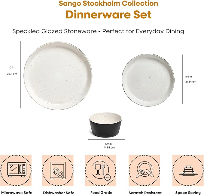 Sango 12-Piece Stoneware Dinnerware Set for 4, Modern White & Black Plates and Bowls Sets with Speckled Glaze, Durable Kitchen Ceramic Dish Set, Microwave & Dishwasher Safe Everyday Dishes, Stockholm