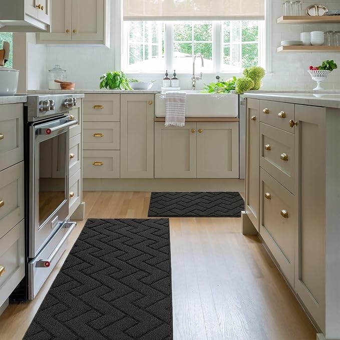 hicorfe Kitchen Rugs and Mats Sets,2 Pieces Super Absorbent Polypropylene Non-Slip Rug,Soft Comfort Floor Mat,Machine Wash for Kitchen,Hallway,Office,Sink,Laundry(20" x 32"+20" x 59",Charcoal)