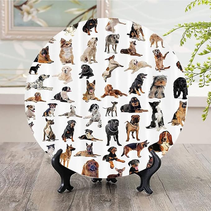 Decorative Plates, Dog Lover Print Ornament, Austratlian Shepherd Pet Italian Mastiff, 10 Inch, 1 Plate with 1 Display Stand, Brown Black