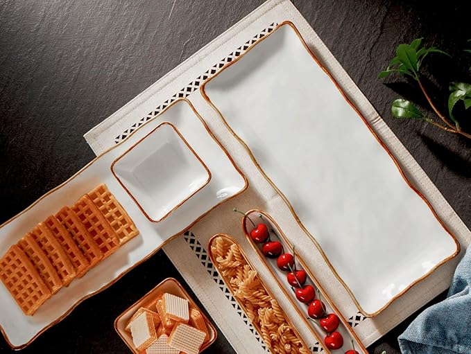ONEMORE Large Serving Platters, 15 inch Serving Plates Set of 2, Ceramic Platters for Serving Food, Oven Safe Serving Trays and Platters for Entertaining Party, Creamy White