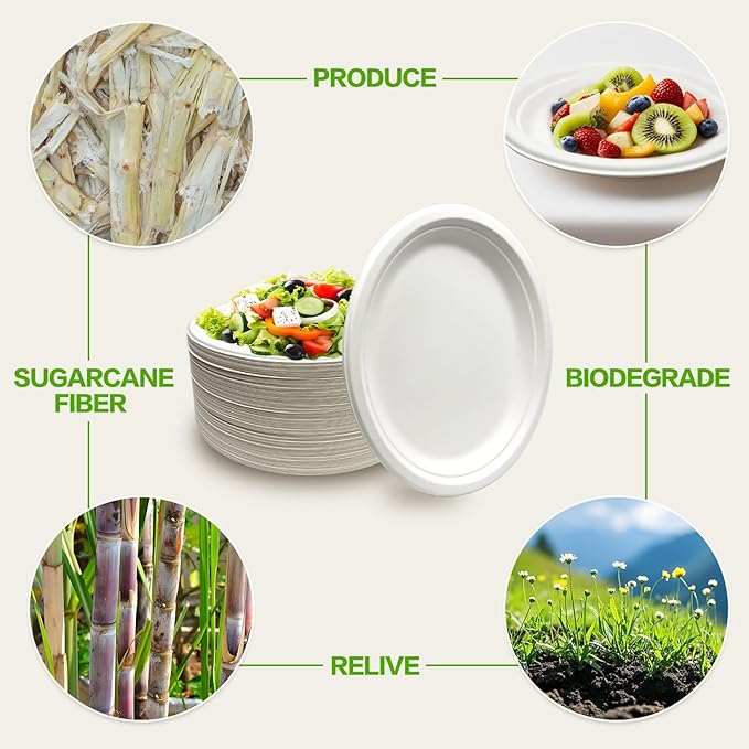 100 Pack Compostable Oval Paper Plates, 12.5 Inch Disposable Heavy Duty Bagasse Platters White Dinner Plates for Restaurant, Parties, Home, BBQ, Picnic, Christmas