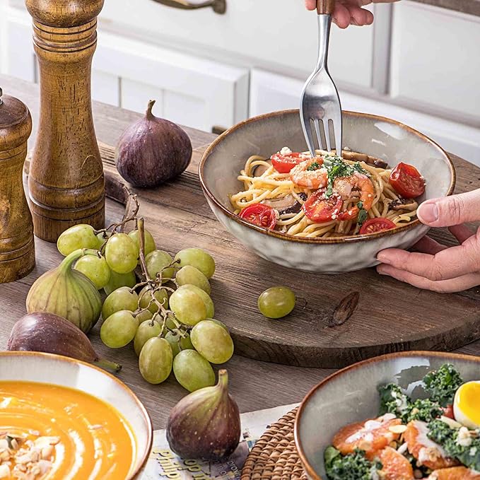 Henten Home Ceramic Soup Bowl Set, 25 oz Cereal Bowls Set of 4, Porcelain Salad Bowls Set, Stoneware Serving Bowls for Kitchen, Microwave& Dishwasher Safe, Reactive Glaze (White)